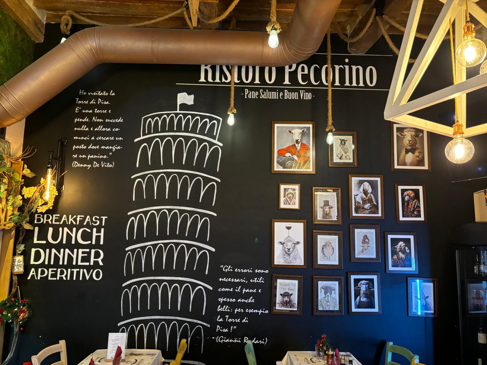 Facciata della sala interna del ristorante, con quadri e segni distintivi del ristorante